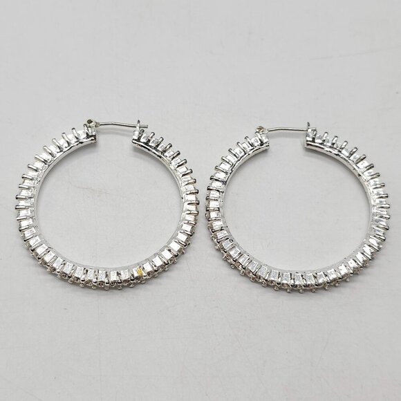 Silver Tone Clear Rhinestone Hoop Bling Earrings 1.75 Inches Vintage - Picture 4 of 5